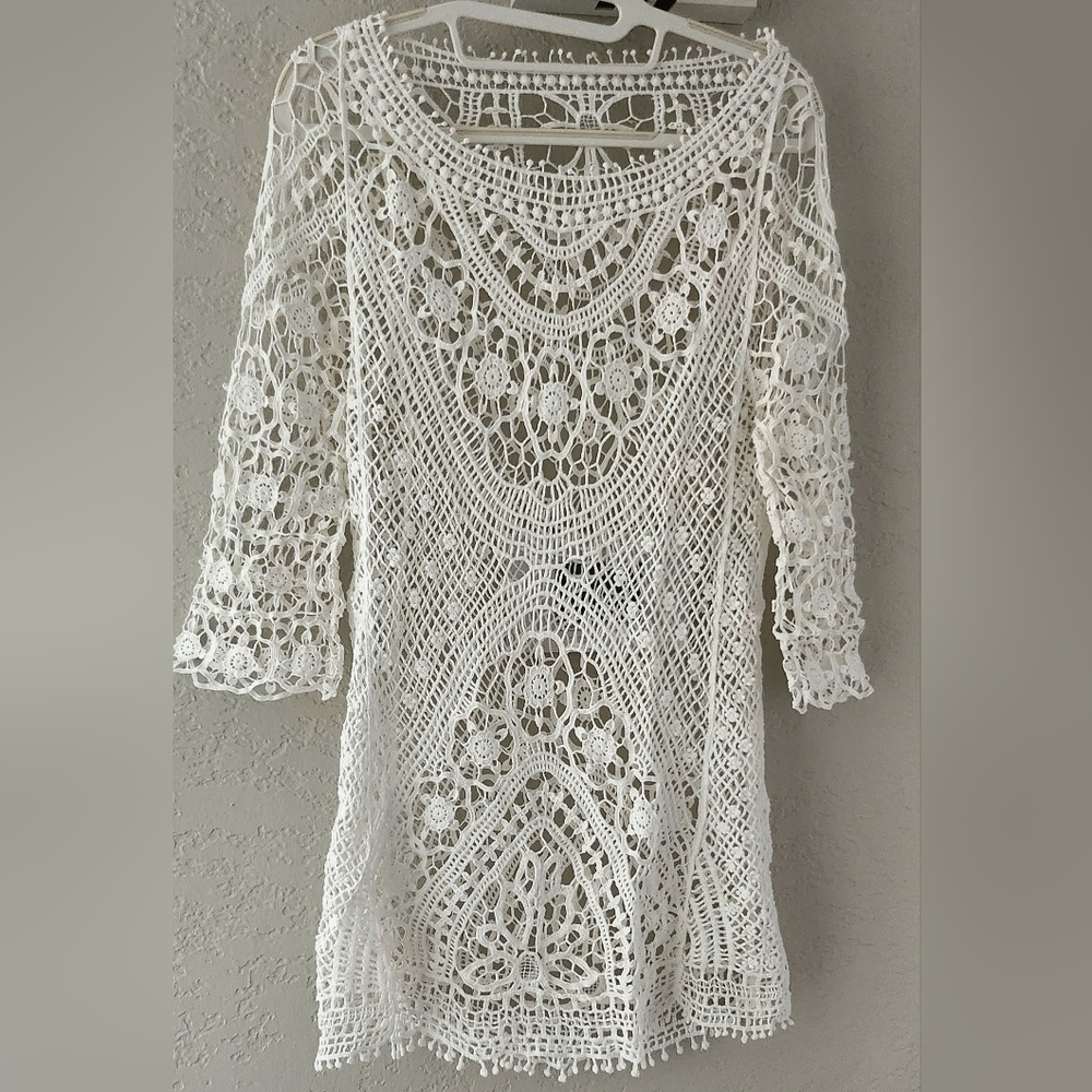 Bohemian Cream Crochet Swim Coverup with Scalloped Edges